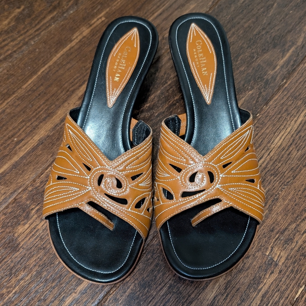 Cole Haan Kitten Heel Sandals Tan with Cream Stitching Swirl Leaf Design